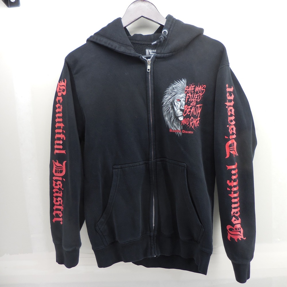 Beautiful Disaster Lion Beauty and Rage Black Zip Up Hoodie Sweatshirt Medium
